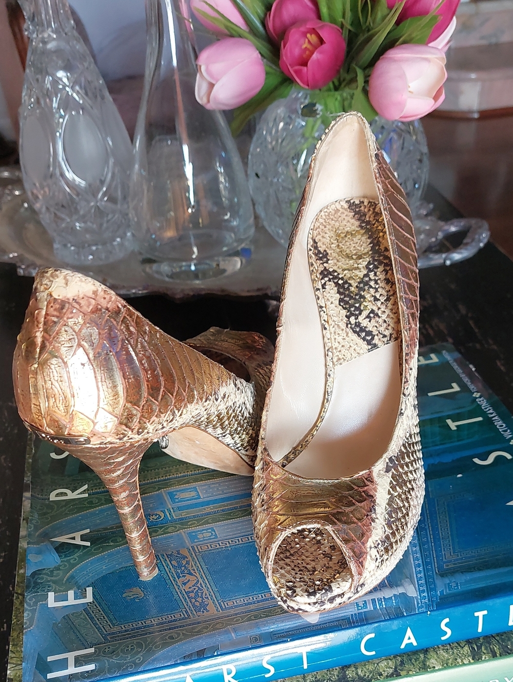 Christian Dior Metallic Gold Python Snakeskin Peep-Toe Platform Heels Sz 40 1/2